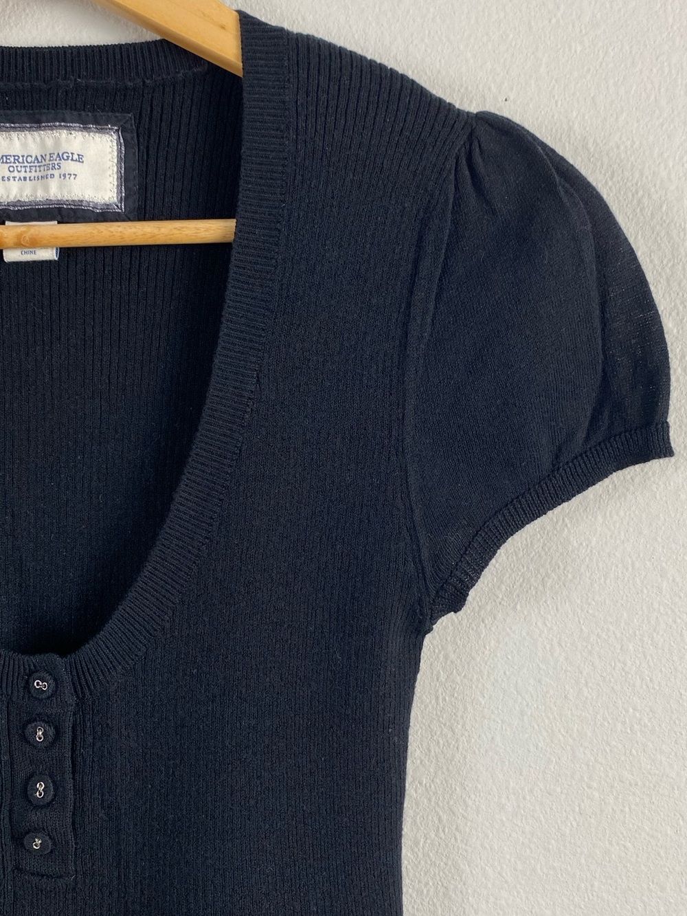 American Eagle Babydoll Henley Sweater Dress | Tie Front, Puff Short Sleeves - Picture 10 of 15